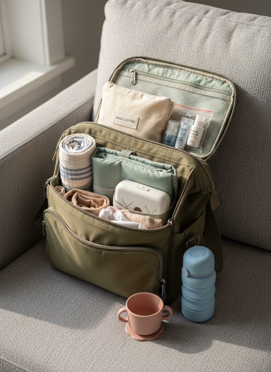 A thoughtfully packed diaper bag, opened wide on a clean, light gray sofa. Inside, visible compartments hold color-coordinated essentials: a rolled striped muslin blanket, a sleek portable changing pad, a compact wipes case, a labeled pouch of spare clothes in soft neutrals, and a small zip bag with mini-sized diaper cream and sanitizer. A silicone snack cup and a collapsible water bottle rest beside the bag. Late-morning natural light from a nearby window highlights the textures of canvas, silicone, and cotton, creating soft, realistic shadows. Photographic realism, framed from a three-quarter overhead angle with a balanced composition, conveying calm readiness, real-life usability, and a playful yet organized approach to leaving the house with a little one.
