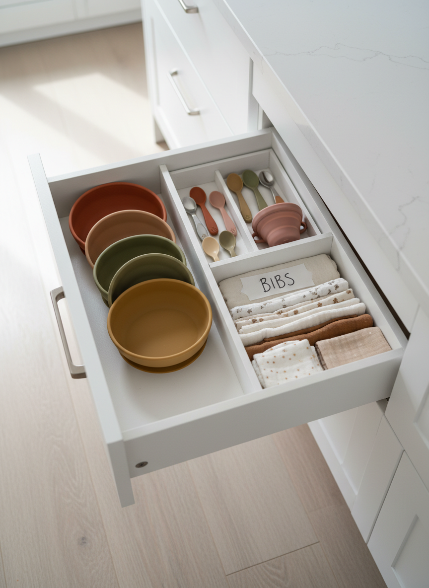 A small, open white kitchen drawer organized with feeding essentials: neatly nested silicone suction bowls in warm earth tones, a row of tiny stainless steel and silicone spoons, a collapsible snack cup, and a labeled section for bibs folded into tidy rectangles. The drawer glides out over a light wood floor, with the edge of a simple quartz countertop above. Diffused daylight from an unseen window illuminates everything with a soft, even glow, highlighting textures without harsh shadows. Photographic realism, shot from a slightly elevated angle with sharp focus throughout, creating an atmosphere of quiet satisfaction, order, and playful practicality ideal for a mom-focused organization and essentials article.