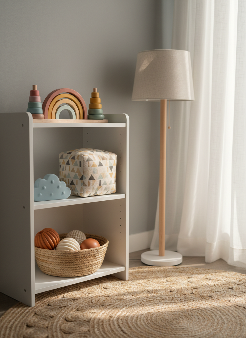 A cozy nursery corner featuring a compact white bookshelf filled with carefully curated baby and toddler toys: a few wooden stacking rings in muted rainbow colors, a soft fabric activity cube, a silicone teether shaped like a cloud, and a small basket of sensory balls. A neutral woven rug anchors the scene, and a simple floor lamp with a linen shade stands nearby, switched off. Natural afternoon light filters through sheer curtains, casting a gentle, warm glow across the textures. Captured at eye level with a shallow depth of field, the foreground toys are in crisp focus while the background gently blurs, creating a playful yet serene, photographic image that celebrates intentional toy choices and minimalism.