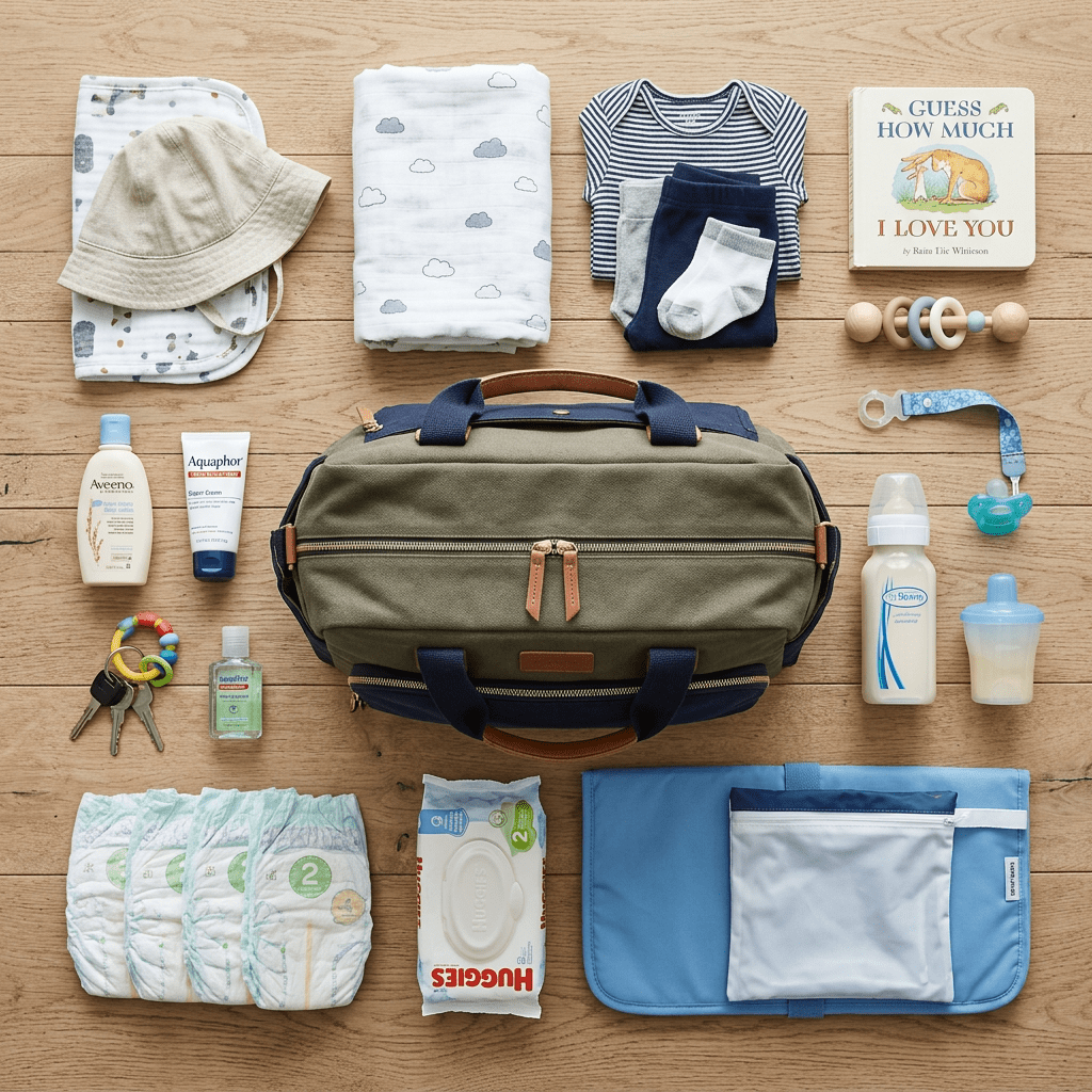 Baby essentials including clothes, diapers, bottles, wipes, lotion, toy, and book organized around diaper bag